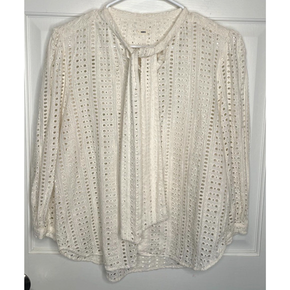 WARM Women's Eyelet Embroidered Long Sleeve Cotton Blouse Sz 3/L Peasant Boho - Picture 2 of 11